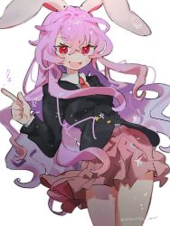 Rule 34 | 1girl, :d, animal ears, blazer, cowboy shot, crescent, crossed bangs, finger gun, hair between eyes, highres, index finger raised, jacket, long hair, long sleeves, looking at viewer, miniskirt, necktie, open mouth, pink skirt, pleated skirt, pointing, pointing to the side, purple hair, rabbit ears, red eyes, reisen udongein inaba, shirt, simple background, skirt, smile, sobamushi mo, solo, touhou, very long hair, white background