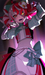 Rule 34 | 1girl, ahoge, back bow, blunt bangs, blunt ends, bow, buttons, colored skin, colored tongue, cropped jacket, cropped shirt, diamond-shaped pupils, diamond (shape), double-breasted, double bun, fangs, glowing, glowing eyes, gradient eyes, green eyes, grey skin, hair bun, hands up, heterochromia, highres, hololive, hololive idol uniform (bright), hololive indonesia, kureiji ollie, layered sleeves, long hair, long sleeves, looking at viewer, midriff, mismatched pupils, multicolored clothes, multicolored eyes, multicolored hair, multicolored shorts, multicolored skin, navel, open mouth, patchwork skin, puffy short sleeves, puffy sleeves, purple tongue, red eyes, red hair, short over long sleeves, short sleeves, shorts, solo, stitched arm, stitched face, stitches, symbol-shaped pupils, takotobuta, two-tone skin, virtual youtuber, white hair, white skin, x-shaped pupils, yellow eyes, zombie