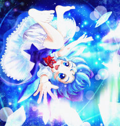 Rule 34 | 1girl, barefoot, blue dress, blue eyes, blue hair, bow, cirno, daiso, dress, hair bow, hair ribbon, hairline, ice, ice wings, matching hair/eyes, open mouth, ribbon, smile, solo, touhou, traditional media, underwear, upside-down, wings