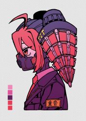 Rule 34 | 1girl, ahoge, alternate costume, checkered background, color guide, commentary, covered mouth, drill, drill hair, from side, grey background, highres, jacket, kasane teto, mask, mechanical hair, medium hair, mouth mask, necktie, profile, purple jacket, red eyes, red hair, red necktie, solo, tabekko drunker, translated, twin drills, upper body, utau, zipper