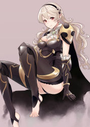 Rule 34 | 1girl, armor, barefoot, black armor, black hairband, breasts, cape, cleavage, closed mouth, corrin (female) (fire emblem), corrin (female) (nohr noble) (fire emblem), corrin (fire emblem), feet, fire emblem, fire emblem fates, fire emblem if, gradient background, grey hair, hairband, haru (nakajou-28), large breasts, leotard, long hair, nintendo, pointy ears, red eyes, simple background, smile, solo, stirrup legwear, toeless legwear, toes, white hair