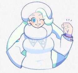Rule 34 | 1girl, blue eyes, creatures (company), denaseey, earrings, fur hat, game freak, green hair, green nails, hat, jewelry, long hair, long sleeves, melony (pokemon), multicolored hair, nail polish, nintendo, one eye closed, parted lips, pokemon, pokemon swsh, ring, scarf, simple background, smile, solo, streaked hair, white background, white hat, white scarf