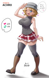 Rule 34 | 1girl, ;d, achromaru, arm up, artist logo, black thighhighs, blonde hair, blue eyes, boots, bracelet, breasts, brown footwear, commentary request, creatures (company), english text, full body, game freak, grey headwear, grey sweater, highres, jewelry, knee boots, large breasts, like and retweet, looking at viewer, meme, miniskirt, nintendo, one eye closed, open mouth, patreon username, pleated skirt, pokemon, pokemon (anime), pokemon journeys, pokemon swsh105, red skirt, ribbed sweater, salute, serena (pokemon), short hair, skirt, sleeveless, sleeveless sweater, smile, solo, speech bubble, standing, standing on one leg, sweater, thighhighs, turtleneck, turtleneck sweater, twitter strip game (meme), white background, zettai ryouiki