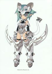 Rule 34 | 1girl, absurdres, armor, blade (galaxist), breasts, covered erect nipples, elbow gloves, gloves, green hair, helmet, highres, pointy ears, short hair, simple background, small breasts, solo, tail, white background