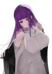 Rule 34 | 1girl, absurdres, bare shoulders, black coat, blunt bangs, breasts, closed mouth, coat, commentary request, dress, fern (sousou no frieren), fish (red star child), highres, huge breasts, long hair, looking at viewer, off shoulder, purple eyes, purple hair, sideboob, simple background, sleeveless, sleeveless dress, solo, sousou no frieren, sweat, upper body, white background, white dress