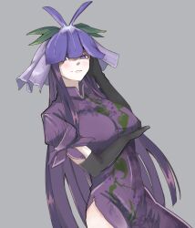 Rule 34 | 1girl, black gloves, black hair, china dress, chinese clothes, closed mouth, cowboy shot, dress, elbow gloves, flower, flower on head, gloves, grey background, highres, kanaria (bocmn), long hair, purple dress, purple eyes, purple flower, short sleeves, simple background, solo, touhou, yomotsu hisami