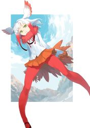Rule 34 | 10s, 1girl, arms at sides, bird tail, blue sky, blunt bangs, buttons, cloud, cloudy sky, coat, day, full body, fur collar, gloves, gluteal fold, gradient hair, half-closed eyes, head wings, inu777, japanese crested ibis (kemono friends), kemono friends, legs, legs apart, long sleeves, mary janes, mountain, multicolored hair, outside border, pantyhose, parted lips, pleated skirt, red pantyhose, red ribbon, red skirt, ribbon, shoes, short hair with long locks, simple background, skirt, sky, solo, standing, tail, two-tone hair, white background, wide sleeves, wings, yellow eyes