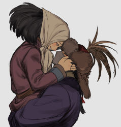 Rule 34 | 1boy, 1girl, black eyes, black hair, blush, braid, braided ponytail, brown headwear, carrying, couple, covered mouth, eye contact, eyeliner, face-to-face, from side, fur hat, hair ribbon, hand in another&#039;s hair, hand on another&#039;s cheek, hand on another&#039;s face, hat, hat feather, headdress, hetero, highres, kenkon no washi, li sakura, long hair, long sleeves, looking at another, looking down, looking up, makeup, mask, medium hair, mouth mask, one eye closed, profile, red headwear, red ribbon, ribbon, robe, sash, simple background, single braid, smile, upper body