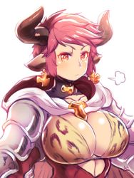 Rule 34 | 1girl, animal ears, armor, bracer, breasts, cape, cleavage, closed mouth, cow ears, cow horns, granblue fantasy, hood, hood down, hooded cape, horns, large breasts, looking at viewer, matsumoto tomoyohi, pink hair, red eyes, simple background, solo, sturm (granblue fantasy), upper body, white background, white cape