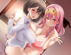Rule 34 | 2girls, absurdres, areola slip, azur lane, baltimore (azur lane), bare shoulders, bed, black panties, blush, braid, breast press, breasts, bremerton (azur lane), brown hair, cleavage, collarbone, collared shirt, eye mask, hair between eyes, hand up, highres, hotate-chan, huge filesize, indoors, large breasts, long hair, long sleeves, looking at viewer, mole, mole on breast, mole under eye, multiple girls, on bed, open mouth, panties, parted lips, pink eyes, pink hair, pink panties, shirt, short hair, sitting, sleeveless, smile, underwear, v, white shirt, yellow eyes