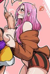 Rule 34 | 1boy, 1girl, bare shoulders, blush, breasts, commentary, english commentary, highres, jewelry bonney, large penis, lips, long hair, looking at another, mark gavatino, monkey d. luffy, nipples, one piece, paizuri, penis, pink hair, shiny skin