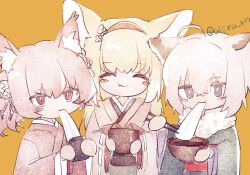 Rule 34 | 3girls, alternate costume, animal ear fluff, animal ears, arknights, artist name, blonde hair, blush stickers, bowl, chopsticks, closed eyes, closed mouth, commentary, eating, facing viewer, fox ears, fox girl, grey eyes, highres, holding, holding bowl, holding chopsticks, japanese clothes, kimono, looking at viewer, multiple girls, niwatori (akira 207), orange background, pink hair, red eyes, shamare (arknights), simple background, sussurro (arknights), suzuran (arknights), twitter username, upper body