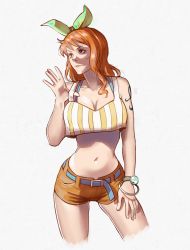 Rule 34 | 1girl, absurdres, belt, blue belt, bow, bracelet, breasts, brown eyes, cowboy shot, crop top, green headwear, hair bow, hand on own thigh, highres, jewelry, joy boy, large breasts, long hair, looking to the side, nami (one piece), navel, one piece, orange hair, orange shorts, shirt, short shorts, shorts, smile, strap pull, striped clothes, striped shirt, tattoo, thighhighs, thighs, white background