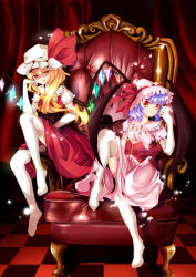Rule 34 | 2girls, :q, adapted costume, ascot, bare shoulders, bat wings, blonde hair, chair, checkered floor, corset, cup, curtains, dress, drinking glass, elbow gloves, female focus, flandre scarlet, floor, frills, gloves, tucking hair, hat, hat ribbon, highres, holding, lace, leg up, light purple hair, looking at viewer, multiple girls, pandako, puffy sleeves, red eyes, remilia scarlet, ribbon, shaded face, short hair, siblings, side ponytail, sisters, sitting, skirt, smile, thighhighs, tongue, tongue out, touhou, white legwear, wine glass, wings