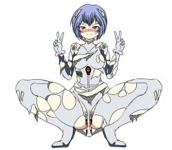 Rule 34 | absurdres, anal, anal object insertion, ayanami rei, blue hair, blush, breasts, deculture, dildo, double v, frown, highres, medium breasts, neon genesis evangelion, object insertion, pussy, red eyes, sex toy, short hair, simple background, spread legs, squatting, squatting cowgirl position, torn clothes, v, vaginal, vaginal object insertion