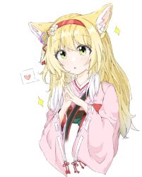 Rule 34 | 1girl, animal ear fluff, animal ears, arknights, blonde hair, chinese commentary, chinese knot, commentary request, cropped torso, flower, fox ears, fox girl, green eyes, hair flower, hair ornament, hairband, heart, japanese clothes, kimono, long hair, long sleeves, looking at viewer, multicolored hair, official alternate costume, parted lips, pink kimono, red hairband, ruoli623, solo, sparkle, speech bubble, spoken heart, steepled fingers, suzuran (arknights), suzuran (yukibare) (arknights), tassel, two-tone hair, white flower, white hair, wide sleeves