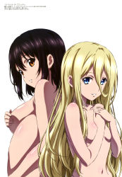 Rule 34 | 2girls, absurdres, avrora florestina, black hair, blonde hair, blue eyes, breast hold, breasts, brown eyes, completely nude, covering privates, covering breasts, furukawa hideki, hair between eyes, highres, himeragi yukina, long bangs, long hair, looking at viewer, medium breasts, medium hair, megami magazine, multiple girls, navel, nude, official art, own hands clasped, own hands together, parted lips, scan, shiny skin, sideboob, simple background, small breasts, strike the blood, teeth, topless, upper body, white background