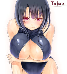 Rule 34 | 10s, 1girl, black hair, blush, breast hold, breasts, character name, cleavage, cleavage cutout, clothing cutout, front zipper swimsuit, kantai collection, large breasts, leaning forward, meme attire, one-piece swimsuit, red eyes, short hair, swimsuit, takao (kancolle), umihal, underboob