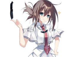 Rule 34 | 1girl, absurdres, blush, brown hair, capelet, closed mouth, collared shirt, cross print, dizzy (nadecola9), folded ponytail, green eyes, hair between eyes, hand on own hip, hand up, highres, holding, holding knife, index finger raised, knife, looking at viewer, medium hair, necktie, red necktie, school uniform, shirt, simple background, smile, smug, solo, sparkle, subarashiki hibi, tachibana kimika, upper body, white background, white capelet, white shirt