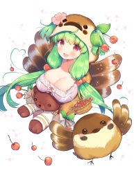 Rule 34 | 1girl, ahoge, aizawa85, bird, blush, bow, breasts, cherry hair ornament, cleavage, collarbone, commentary request, flower, flower knight girl, food-themed hair ornament, from above, green hair, hair flower, hair ornament, highres, large breasts, light green hair, long hair, looking at viewer, open mouth, sakuranbo (flower knight girl), smile, solo, stuffed animal, stuffed toy, teddy bear, wigns