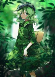 Rule 34 | 1girl, blurry, blurry background, box, commentary, flat cap, forest, green hair, green shirt, green skirt, hat, highres, key, medium hair, nature, one-hour drawing challenge, outdoors, shirt, short sleeves, skirt, solo, souko illust, touhou, yamashiro takane