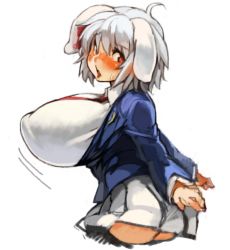 Rule 34 | 1girl, animal ears, blush, breasts, covered erect nipples, female focus, huge breasts, puffy nipples, reisen, sachito, school uniform, silver hair, skirt, solo, tongue, tongue out, touhou