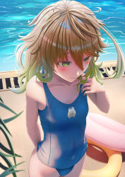 Rule 34 | 1girl, ahoge, amicia michella, animal ears, bird, blonde hair, bloodyblack, blue one-piece swimsuit, commentary, covered navel, cow ears, cow horns, cow tail, english commentary, flat chest, green eyes, hair between eyes, highres, horns, innertube, nijisanji, nijisanji id, one-piece swimsuit, penguin, pool, poolside, school swimsuit, short hair, solo, swim ring, swimsuit, tail, virtual youtuber