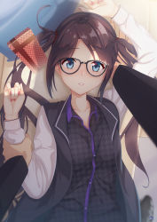 Rule 34 | 1boy, 1girl, absurdres, black hair, blue eyes, blush, box, box of chocolates, buttons, fumimaru, glasses, hair tie, hetero, highres, holding another&#039;s wrist, idolmaster, idolmaster shiny colors, jacket, long hair, long sleeves, lying, mitsumine yuika, on back, pillow, producer (idolmaster), shoes, twintails, unbuttoned, unbuttoned shirt