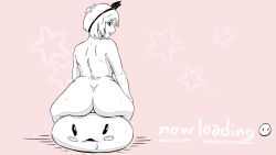 Rule 34 | 1girl, ass, atelier (series), atelier ryza, drooling, from behind, hat, huge ass, loading screen, looking back, medium hair, monochrome, nude, pink background, pussy, reisalin stout, simple background, sitting, snowbox, squishing, wide hips