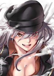 Rule 34 | 1girl, black hat, breasts, cleavage, ebifurya, gangut (kancolle), grey hair, hair between eyes, hair ornament, hairclip, hat, highres, jacket, kantai collection, lips, long hair, open mouth, orange eyes, peaked cap, red shirt, scar, scar on face, shirt, smile, solo, twitter username, white jacket