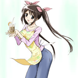 Rule 34 | 1girl, :d, alternate costume, alternate hairstyle, apron, black eyes, breasts, brown hair, commentary request, cowboy shot, cup, denim, drinking straw, hair ribbon, holding, holding cup, jeans, kinfuji, large breasts, long hair, long sleeves, looking at viewer, milk tea, open mouth, original, pants, pink ribbon, pink shirt, ribbon, shirt, simple background, smile, solo, touge chayako, twintails, white background, yellow apron
