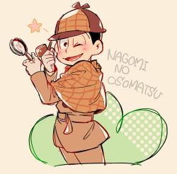Rule 34 | 10s, 1boy, ;), capelet, character name, cowboy shot, deerstalker, detective, hat, magnifying glass, male focus, matsuno osomatsu, mosodon, one eye closed, osomatsu-kun, osomatsu-san, osomatsu (series), simple background, smile, smoking pipe, solo, star (symbol), tan background, thumbs up