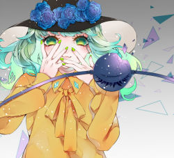 Rule 34 | 1girl, :3, adapted costume, blue flower, blue rose, blush, closed mouth, covering own mouth, damaged, eyebrows hidden by hair, flower, gradient background, green eyes, green hair, green nails, grey background, hands up, hat, hat flower, komeiji koishi, long hair, nail polish, rose, shattered, shirt, simple background, smile, solo, swept bangs, third eye, touhou, upper body, yellow shirt