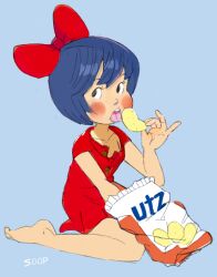 Rule 34 | 1girl, bare legs, barefoot, blue hair, blush stickers, bow, chips (food), collarbone, dress, eating, food, full body, hair bow, open mouth, potato chips, red bow, red dress, short hair, solo, sooperman, teeth, toes, tongue, tongue out, upper teeth only, utz girl, utz quality foods