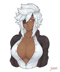 Rule 34 | 1girl, artist name, breasts, cleavage, collarbone, commentary, commission, dark-skinned female, dark skin, english commentary, eyepatch, highres, large breasts, lips, looking at viewer, open clothes, original, parted lips, red eyes, shardanic, short hair, silver hair, simple background, solo, teeth, upper body, watermark, white background