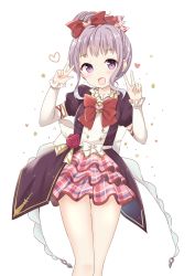 Rule 34 | 1girl, :d, arm warmers, blush, bow, character request, dress, granblue fantasy, hair bow, hair bun, hands up, heart, highres, looking at viewer, open mouth, plaid, plaid bow, plaid skirt, purple eyes, purple hair, red bow, short hair, single hair bun, skirt, smile, solo, standing, v, yoshikita popuri