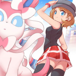 Rule 34 | 1girl, black thighhighs, blonde hair, blue eyes, blurry, bracelet, building, chida daisuke, closed mouth, cloud, commentary request, creatures (company), day, eyelashes, from below, game freak, gen 6 pokemon, grey headwear, hat, highres, holding, holding poke ball, jewelry, medium hair, nintendo, outdoors, poke ball, poke ball (basic), pokemon, pokemon (anime), pokemon (creature), pokemon journeys, pokemon swsh105, red skirt, serena (pokemon), skirt, sky, smile, split mouth, sweater vest, sylveon, thighhighs