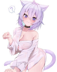 Rule 34 | 1girl, absurdres, animal ears, breasts, cat ears, cat girl, cat tail, cleavage, highres, hololive, large breasts, light purple hair, nekomata okayu, no panties, purple eyes, reine (reineko6), see-through, solo, tail, virtual youtuber, wet, wet clothes