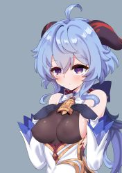 Rule 34 | 1girl, absurdres, ahoge, bare shoulders, bell, blue gloves, blue hair, blush, bow, breasts, covered erect nipples, detached sleeves, ganyu (genshin impact), genshin impact, gloves, grey background, hand on own chest, highres, horns, long hair, looking at viewer, medium breasts, neck bell, purple eyes, rayno, sideboob, sidelocks, solo, upper body, white sleeves