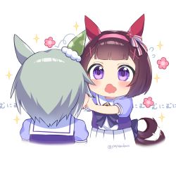 Rule 34 | 2girls, afterimage, animal ears, text background, black bow, blush, bow, brown hair, cropped torso, ear covers, flower, flying sweatdrops, grey hair, hair flower, hair ornament, hairband, hairclip, highres, horse ears, horse girl, horse tail, multiple girls, nishino flower (umamusume), open mouth, pink hairband, puffy short sleeves, puffy sleeves, purple eyes, purple shirt, red flower, school uniform, seiun sky (umamusume), shirt, short hair, short sleeves, simple background, single ear cover, sparkle, tail, tail wagging, tracen school uniform, translation request, twitter username, umamusume, upper body, wavy mouth, white background, x hair ornament, yayoi maka