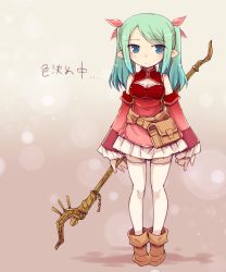 Rule 34 | 1girl, blue eyes, boots, detached sleeves, dress, elf, long hair, original, pointy ears, red dress, ribbon, short dress, skirt, solo, staff, thighhighs, twintails, weapon, white skirt, white thighhighs, yoshi (crossmind)