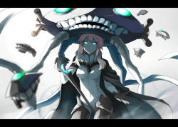 Rule 34 | 10s, 1girl, abyssal ship, aqua eyes, cape, contrapposto, emerane, enemy aircraft (kancolle), gloves, glowing, glowing eyes, hat, kantai collection, letterboxed, looking at viewer, monster, pale skin, personification, ruff, solo, staff, standing, teeth, weapon, wo-class aircraft carrier