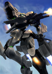 Rule 34 | f-15 actv active eagle, flying, gun, highres, hiwa industry, holding, holding gun, holding weapon, looking to the side, mecha, muv-luv, muv-luv alternative, muv-luv total eclipse, no humans, robot, science fiction, sky, solo, tactical surface fighter, thrusters, visor, weapon