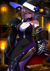 Rule 34 | 1girl, absurdres, alternate costume, arknights, bare shoulders, black dress, black hat, commentary request, detached sleeves, dress, eyepatch, feet out of frame, hair ornament, hair over one eye, hat, highres, long sleeves, looking at viewer, purple eyes, purple hair, sitting, solo, vial, whisperain (arknights), wide sleeves, witch hat, x hair ornament, xen0moonz