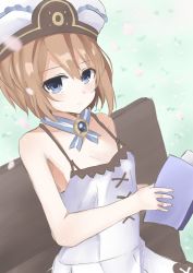 Rule 34 | 10s, 1girl, bad id, bad link, bad twitter id, bare shoulders, blanc (neptunia), blue eyes, blush, book, brown hair, buran buta, cherry blossoms, highres, holding, looking at viewer, neptune (series), petals, short hair, solo
