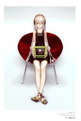 Rule 34 | 1girl, absurdres, aqua eyes, bare shoulders, black dress, blunt bangs, chair, dress, flat chest, full body, glasses, headphones, highres, legs, long hair, megurine luka, nail polish, original, pink hair, pink nails, redjuice, sandals, sitting, smile, solo, television, toes, very long hair, vocaloid