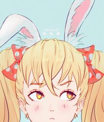 Rule 34 | 1girl, anihelate, animal ear fluff, animal ears, artist name, blonde hair, blue background, bow, commentary, frown, hair bow, highres, looking to the side, orange eyes, original, polka dot, polka dot bow, portrait, rabbit ears, raised eyebrow, solo, symbol-only commentary, twintails