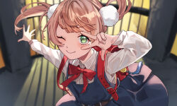 Rule 34 | 1girl, backpack, bag, blonde hair, blue dress, blunt bangs, blurry, blurry background, bow, bowtie, closed mouth, collared shirt, commentary, crime prevention buzzer, dress, finger to eye, floating hair, green eyes, hair ornament, hands up, highres, indie virtual youtuber, iron bars, long sleeves, looking at viewer, one eye closed, pom pom (clothes), pom pom hair ornament, prison, prison cell, randoseru, red bag, red bow, red bowtie, sanwari nattou, shigure ui (vtuber), shigure ui (vtuber) (young), shirt, shukusei!! loli-gami requiem, smile, solo, twintails, upper body, v-shaped eyebrows, virtual youtuber, w, white shirt