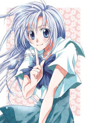 Rule 34 | 1girl, blue eyes, blue hair, bow, finger to mouth, floating hair, hand to own mouth, ion (manga), ion (series), long hair, matching hair/eyes, nina (pastime), school uniform, short sleeves, skirt, solo, tsuburagi ion