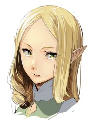 Rule 34 | 10s, 1girl, blonde hair, braid, character request, elf, enami katsumi, eyebrows, eyelashes, fardania, green eyes, isekai shokudou, lips, looking at viewer, medium hair, nose, parted bangs, parted lips, pointy ears, portrait, side braid, simple background, solo, white background
